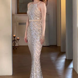 ✨ HYAT7 Celestia Glow – Elegant Halterneck Beaded Evening Gown