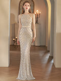 ✨ HYAT7 Celestia Glow – Elegant Halterneck Beaded Evening Gown