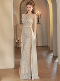 ✨ HYAT7 Celestia Glow – Elegant Halterneck Beaded Evening Gown