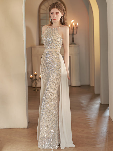 ✨ HYAT7 Celestia Glow – Elegant Halterneck Beaded Evening Gown