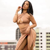 HYAT7 two-piece sexy hollow design hanging neck vest slit skirt set